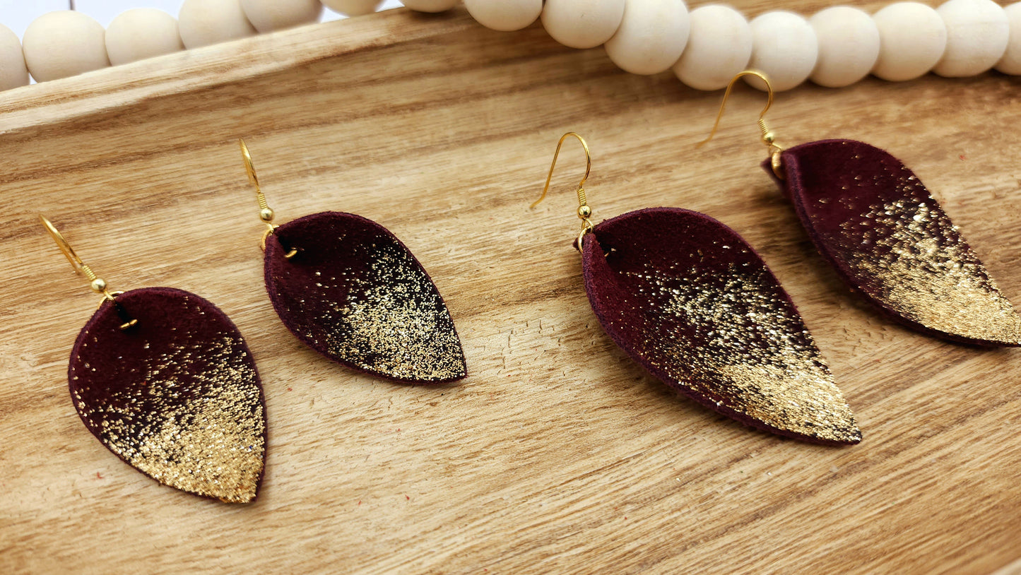 Maroon and Gold Suede Glitter Pinch Earrings