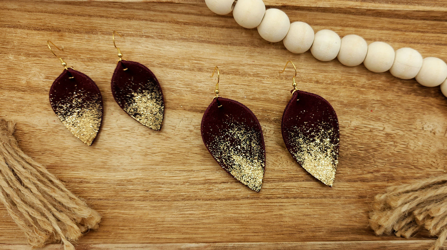 Maroon and Gold Suede Glitter Pinch Earrings