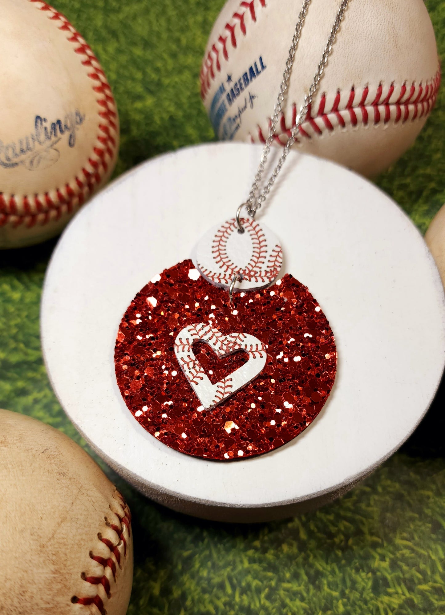 Baseball Glitter Heart Necklace