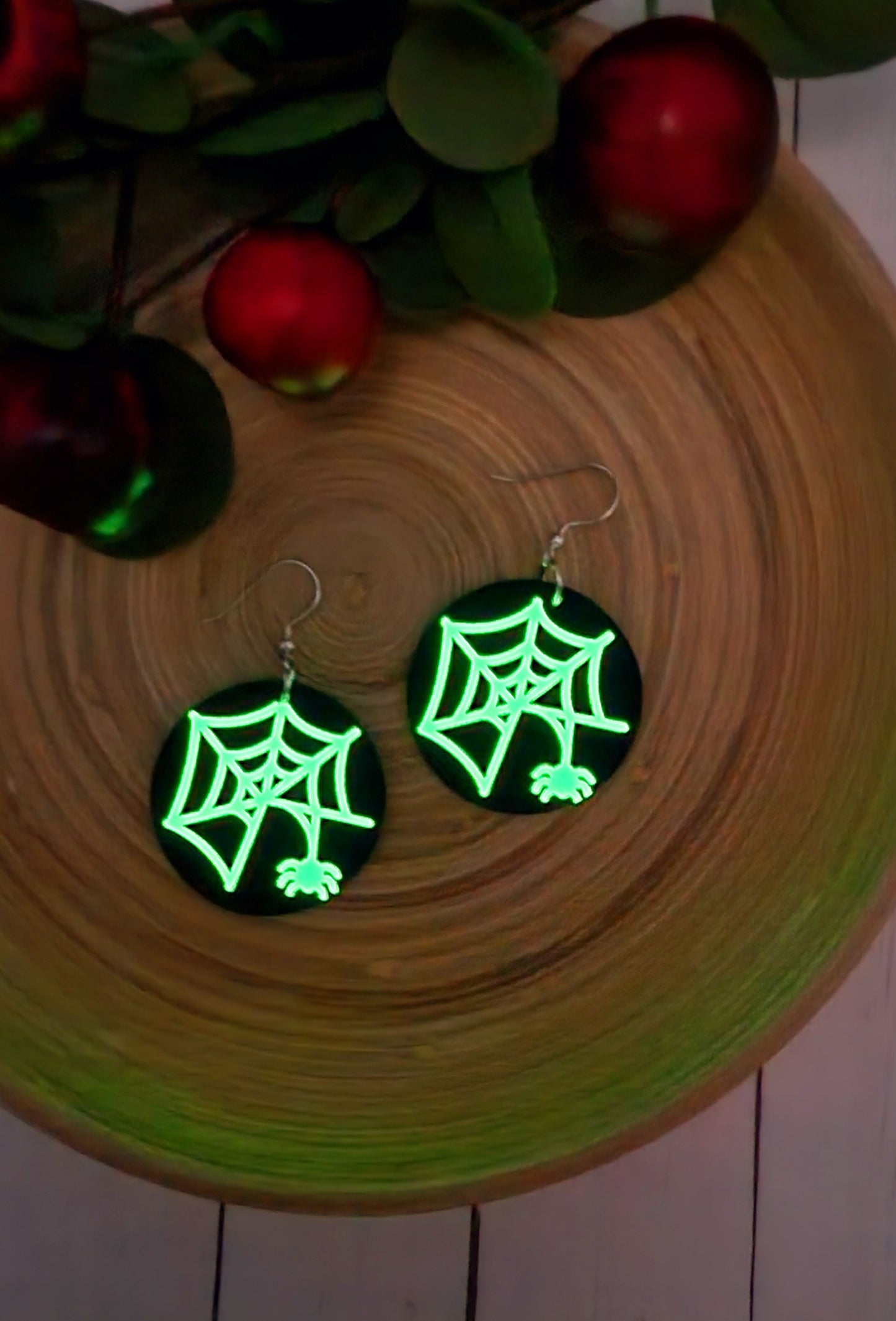 Glow In The Dark Spider and Web on Black Cork Rounds.  Watch them glow!