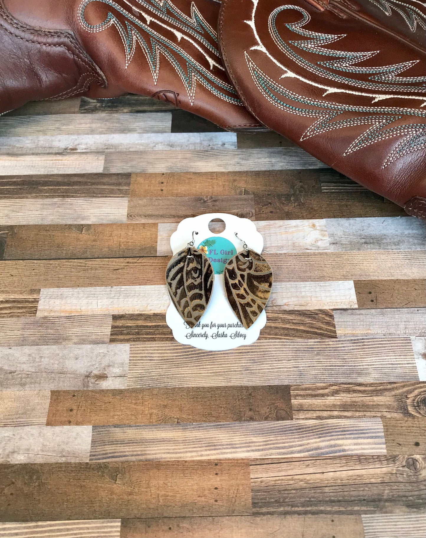 Brown Tooled Leather Western Pinch Earrings