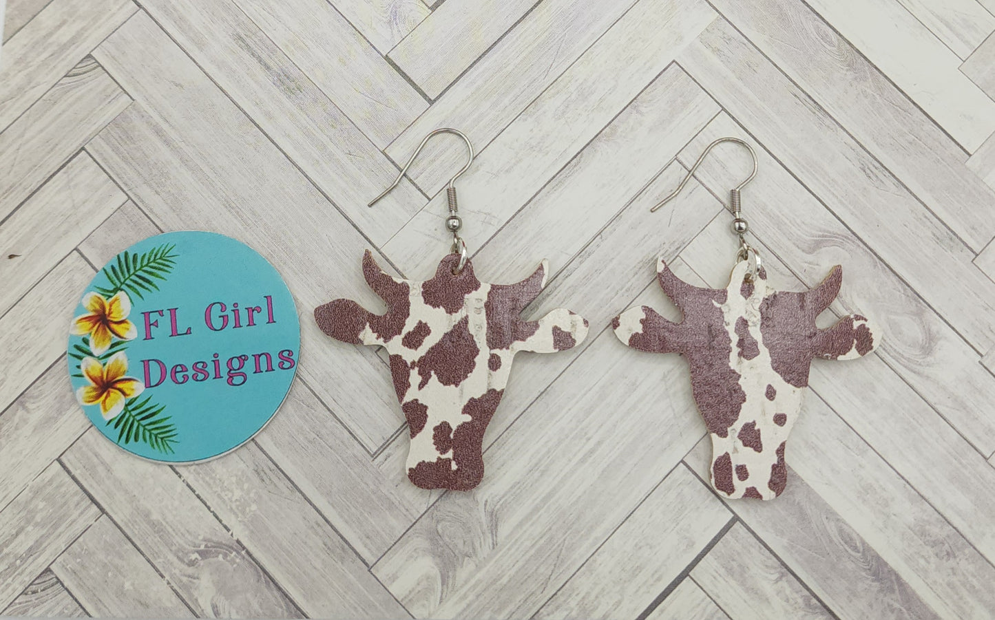 Brown and White Cow Earrings