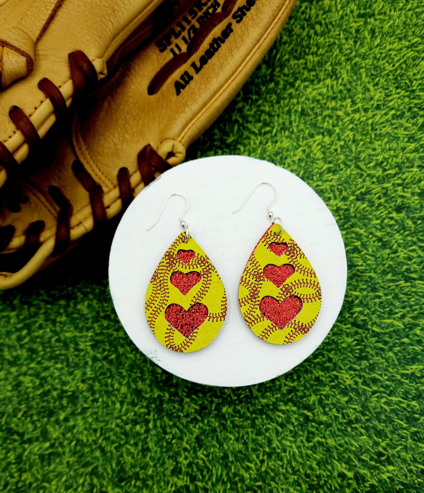 Baseball / Softball Heart Teardrop Genuine Leather Earrings